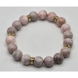 liagza Beaded Adjustable Quartz Pink Gray 10mm Gold Accent Bracelet